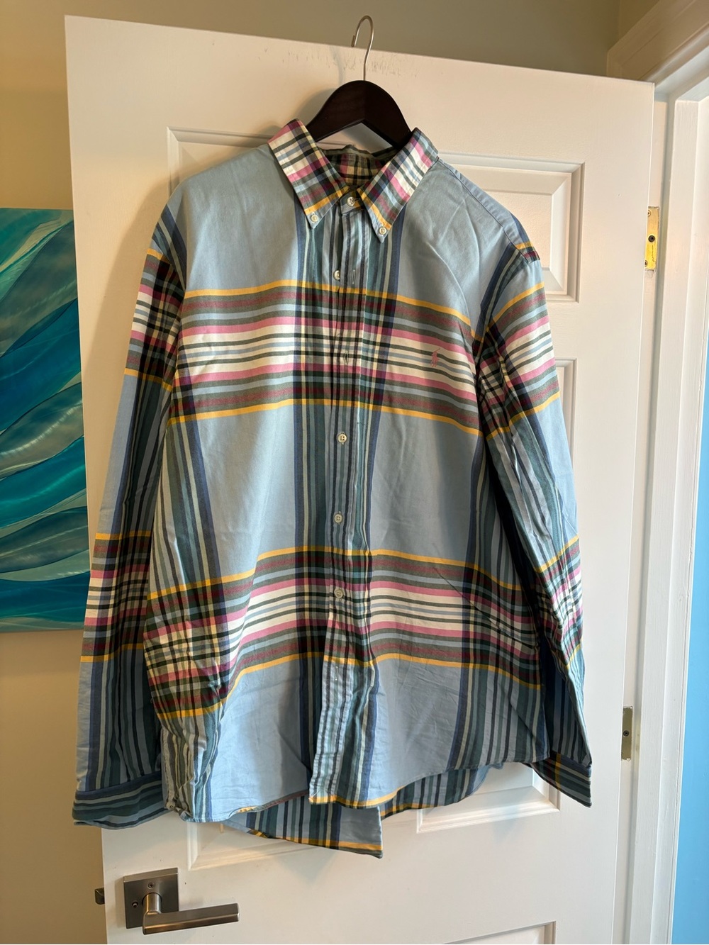Ralph Lauren Light Blue Plaid Button-Down Shirt with Multi-Color Stripes